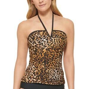 Calvin Klein Tankini Top Small Halter Bandeau Ruched V Notch Wire Animal Leopard